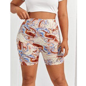 Ivory marble print plus size biker shorts chestnut brown /blue 1X 2X 4X 14 16 20